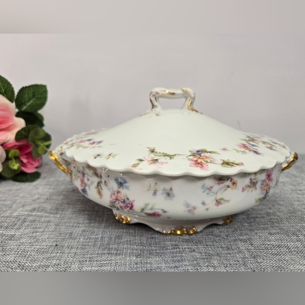 Rare Vintage Haviland & Co Limoges‎ France Schleiger Covered Bowl Pink Blue